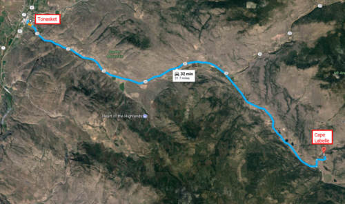 Tonasket to Cape Labelle Ranches drive time map